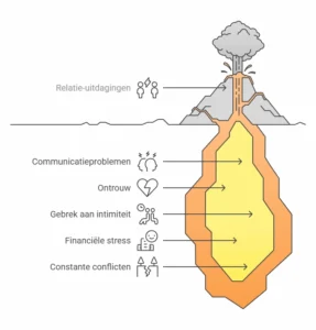 relatiecoach voor koppels met relatieproblemen infographic uitbarsting vulkaan door onderliggende problemen